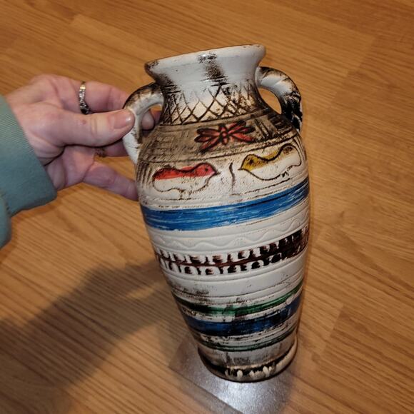 Vtg Handcrafted Ceramic Pottery Vase Folk Art Birds Primative Rustic Farmhouse - Picture 6 of 8